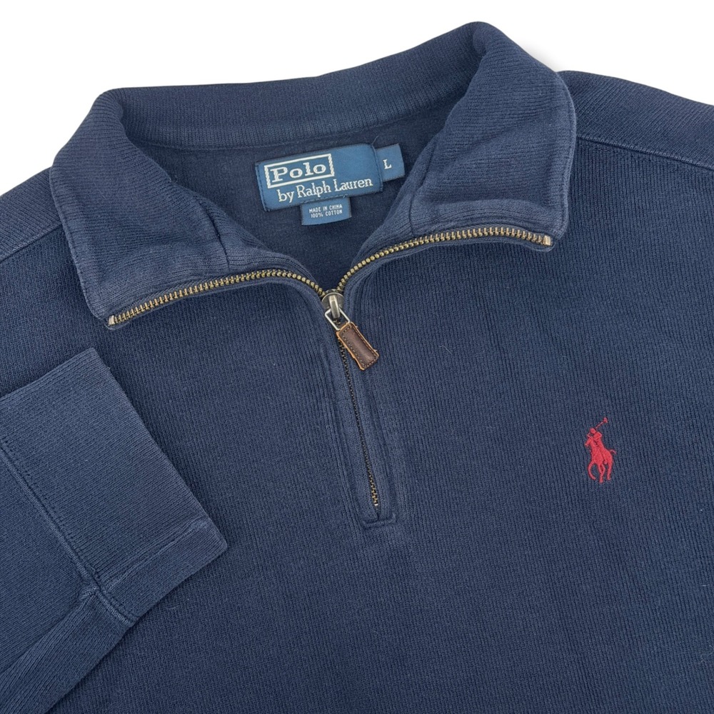 Vintage Polo Ralph Lauren Quarter Zip Men L Navy Blue Rib Heavy Cotton Sweater